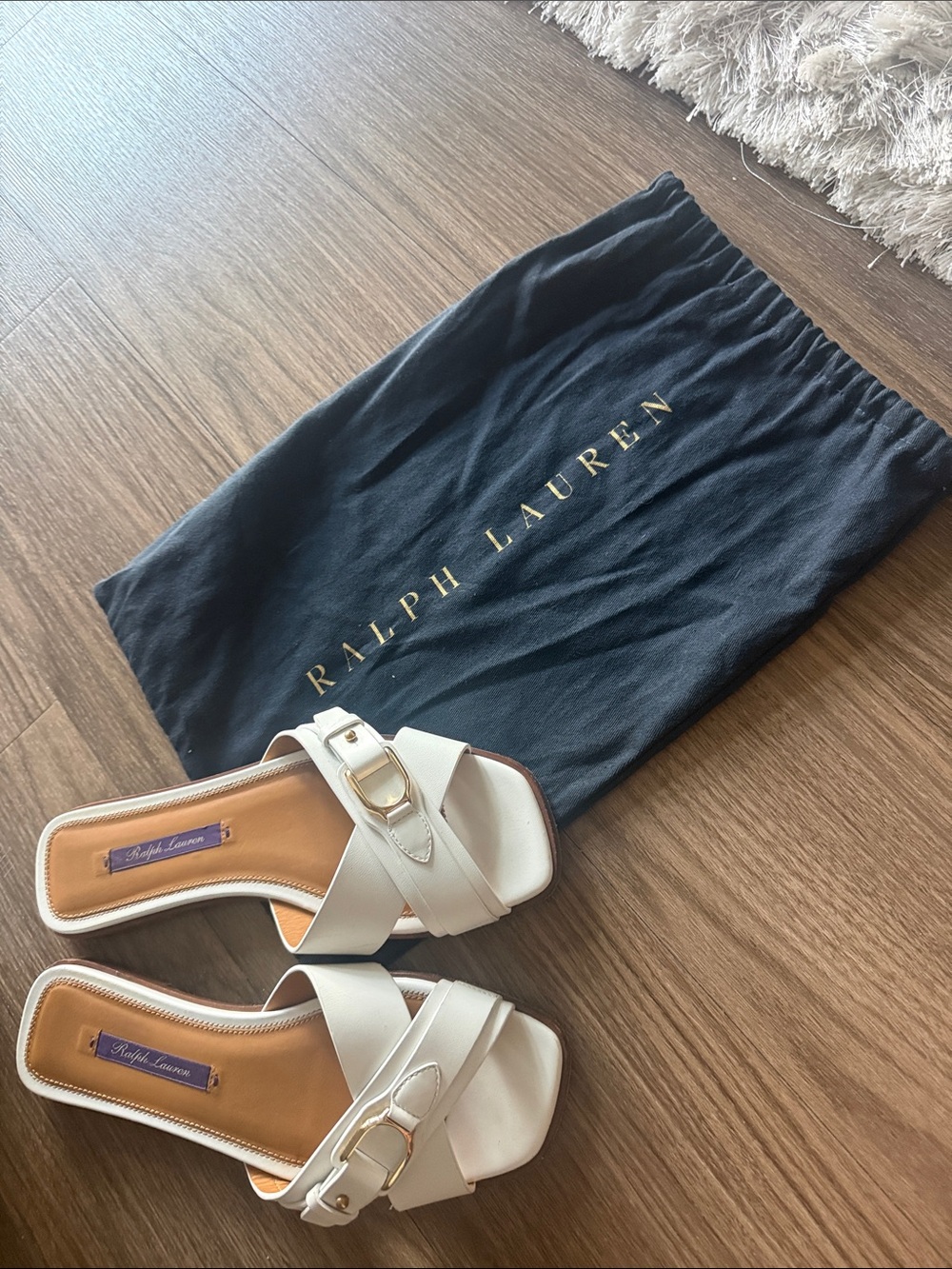 Ralph Lauren Purple Label White Leather Buckle Slide Sandals